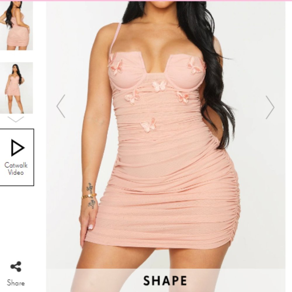 PrettyLittleThing PINK BUTTERFLY EMBROIDERED SHEER MESH BODYCON DRESS- S